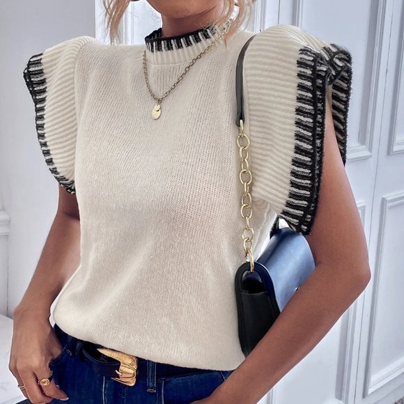 beige ribbed knit contrast binding sweater vest chic preppy classy - Picture 5 of 7